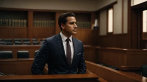 a confident attorney stands in a courtroom, ready to defend a client.