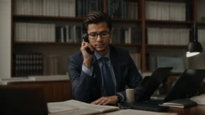 a person thoughtfully researching dui attorneys on a computer in a quiet office.