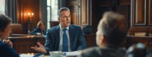 a lawyer in a suit speaking confidently to a client in a courtroom.