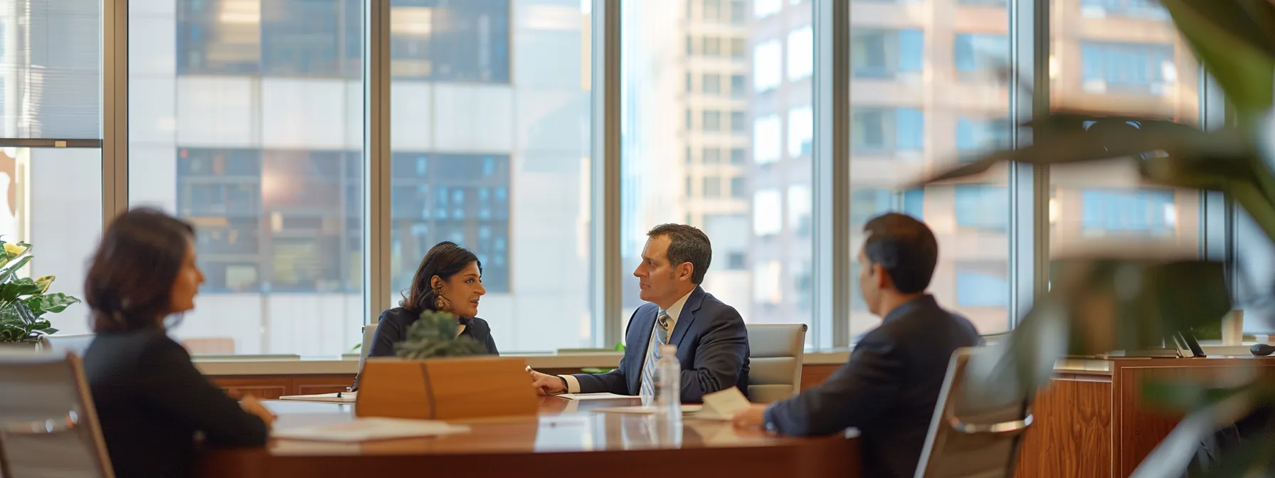 two attorneys discussing strategy with a client in a law office conference room.